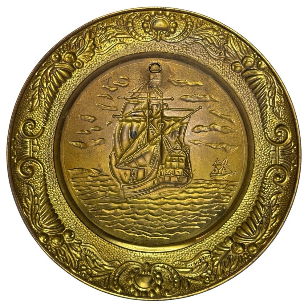 Brass Charger Plate Baroque Border Sailing Ship Nautical Hammered Embossed 14" - Picture 5 of 6